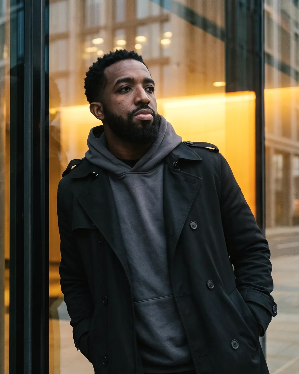 Christen Brown in a black coat and grey hoodie, standing by a lit glass building at dusk